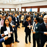 **

A bustling international conference hall, filled with diverse professionals networking. Focus on people from various cultural backgrounds interacting, exchanging business cards, and engaging in lively conversations. Emphasize the energy and opportunity of professional networking in a global setting.

**