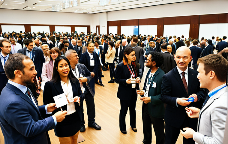 **
A bustling international conference hall, filled with diverse professionals networking. Focus on people from various cultural backgrounds interacting, exchanging business cards, and engaging in lively conversations. Emphasize the energy and opportunity of professional networking in a global setting.
**