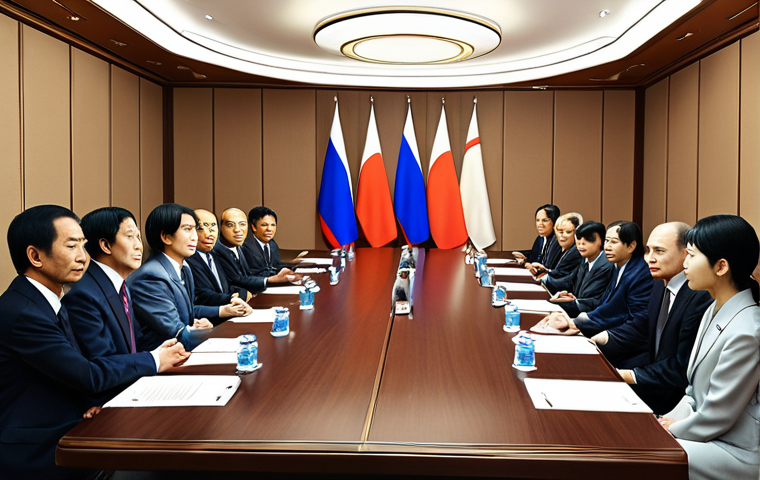 **
* **Prompt:** A multinational business negotiation scene. Focus on cultural differences in non-verbal communication (gestures, eye contact), time perception, and hierarchy. Show subtle tension and potential misunderstandings between Russian and Japanese negotiators. Consider the setting: a modern conference room.
**