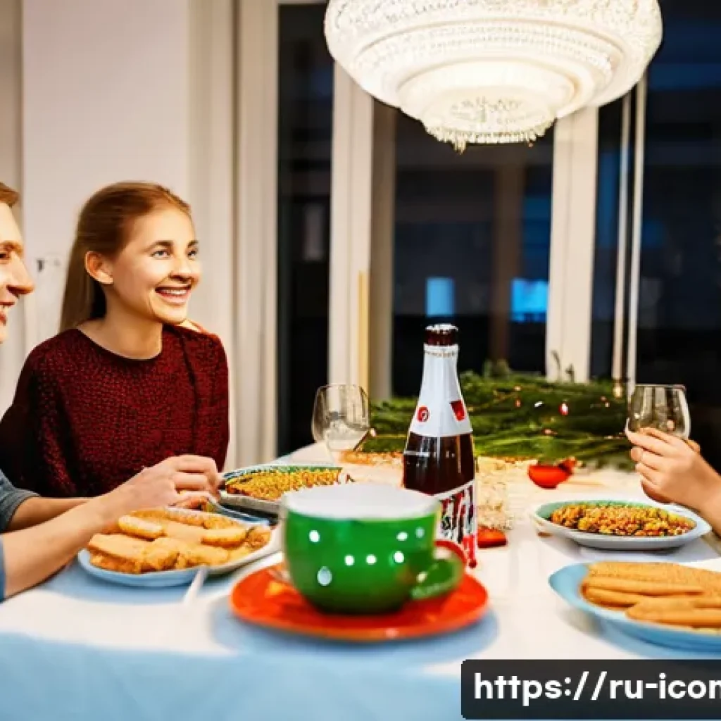국제커뮤니케이션 분야의 글로벌 기업 사례 - **Prompt:** A cozy, brightly lit living room in a modern Russian apartment, decorated for a festive ...