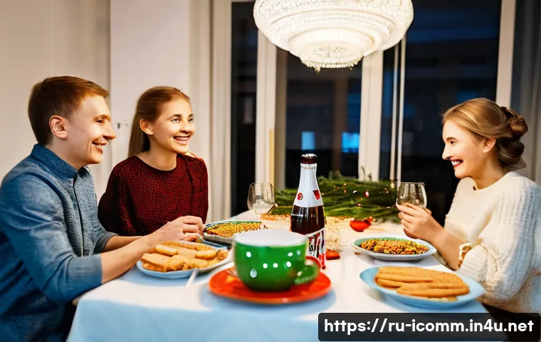 국제커뮤니케이션 분야의 글로벌 기업 사례 - **Prompt:** A cozy, brightly lit living room in a modern Russian apartment, decorated for a festive ...