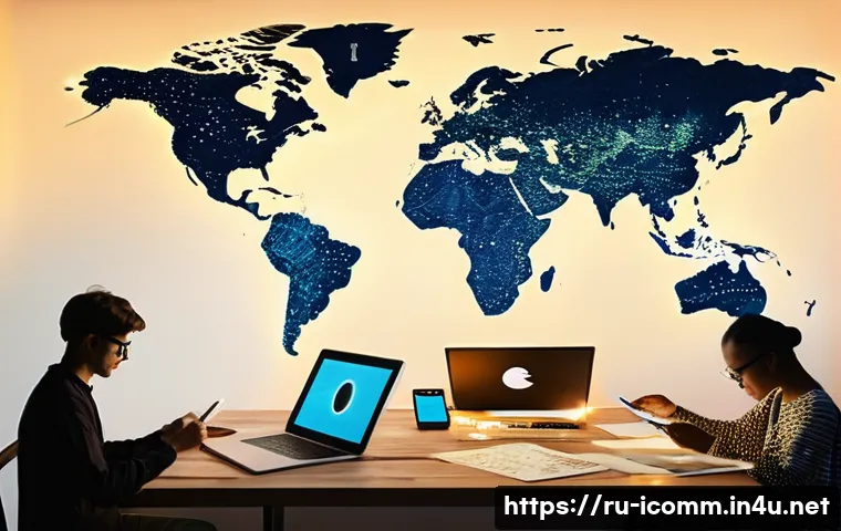 국제커뮤니케이션 글로벌 트렌드 - **Prompt: A vibrant collage depicting the evolution of global communication.**
"An intricate, dy...