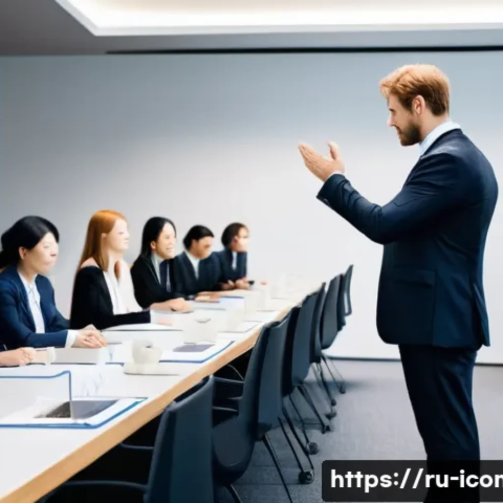 국제커뮤니케이션 경력 관리 - A diverse group of international business professionals engaged in a formal meeting in a modern conf...
