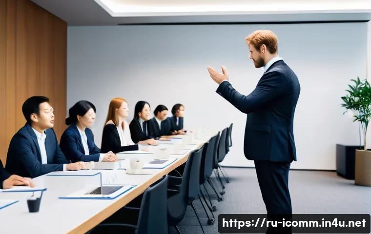 국제커뮤니케이션 경력 관리 - A diverse group of international business professionals engaged in a formal meeting in a modern conf...