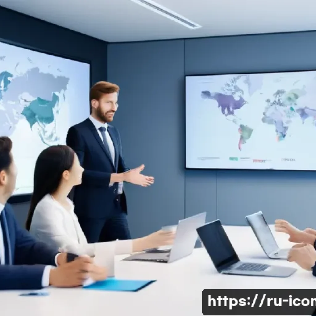 국제커뮤니케이션 부서 운영 - A modern international business meeting room featuring a diverse team of professionals from Europe a...