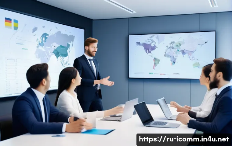 국제커뮤니케이션 부서 운영 - A modern international business meeting room featuring a diverse team of professionals from Europe a...