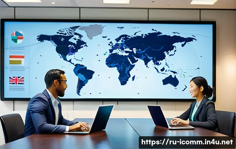 국제커뮤니케이션 관련 인기 직무 - A modern international business meeting scene showing multicultural professionals collaborating arou...