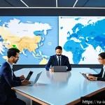 Home 20 국제커뮤니케이션 실무 트렌드 - A modern international business meeting scene showing a diverse group of professionals from Russia, ...