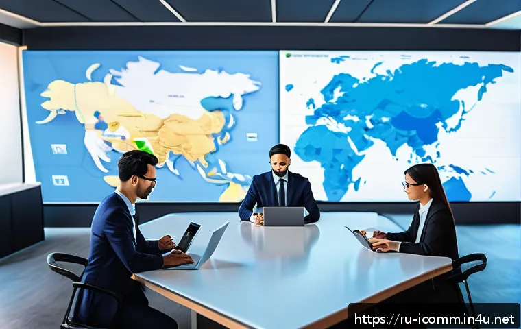 국제커뮤니케이션 실무 트렌드 - A modern international business meeting scene showing a diverse group of professionals from Russia, ...