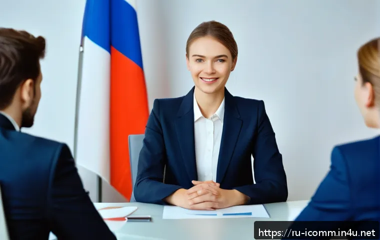 국제커뮤니케이션 취업 인터뷰 준비 - A professional business interview scene set in an international corporate office, featuring a well-d...