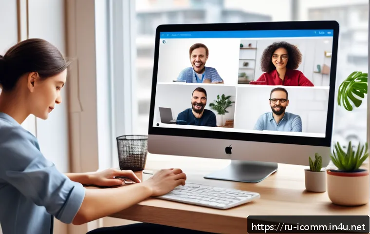 국제커뮤니케이션 협업 도구 사용법 - A modern remote work team collaborating via a sleek digital platform interface, showing diverse Russ...
